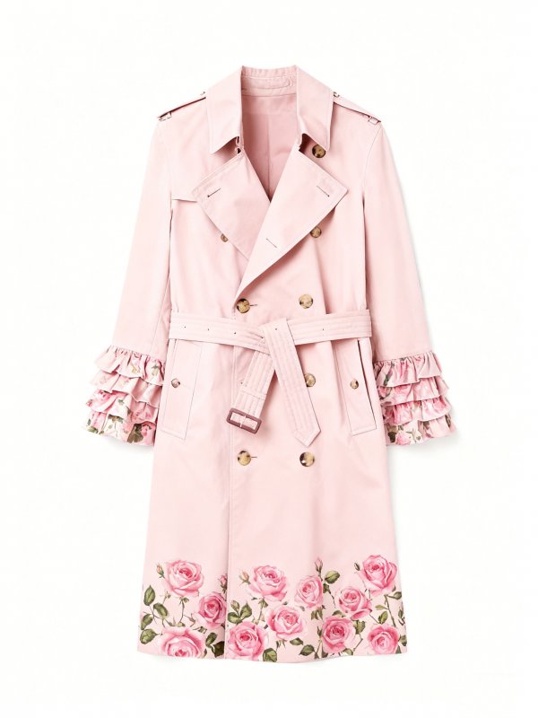 Women's Pink Trench Coat with Rose Print & Ruffled Cuffs