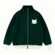 Women's Dark Green Knit Zip-Up Cardigan with White Cat Embroidery