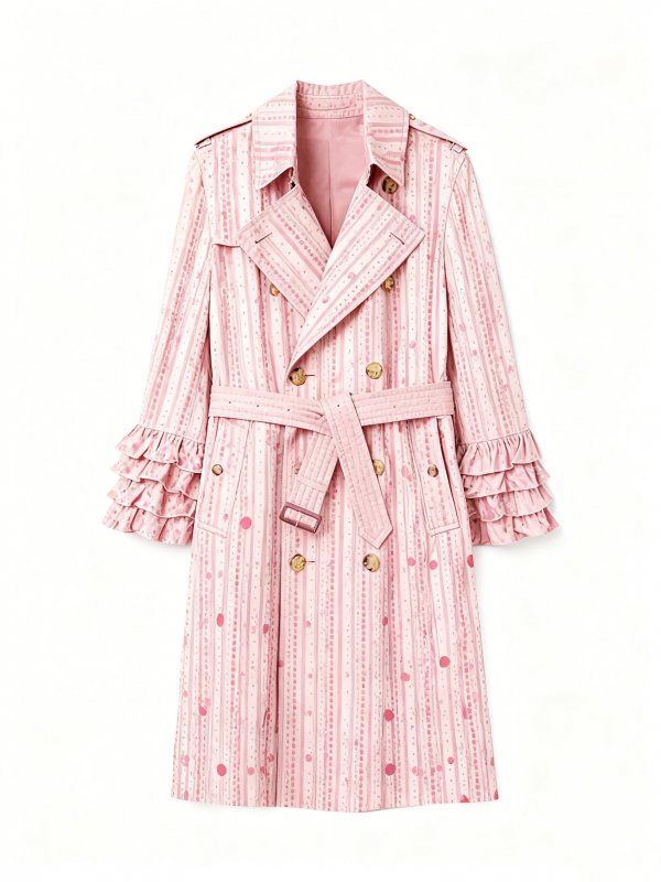 Women's Pink Stripe & Dot Trench Coat with Ruffled Cuffs