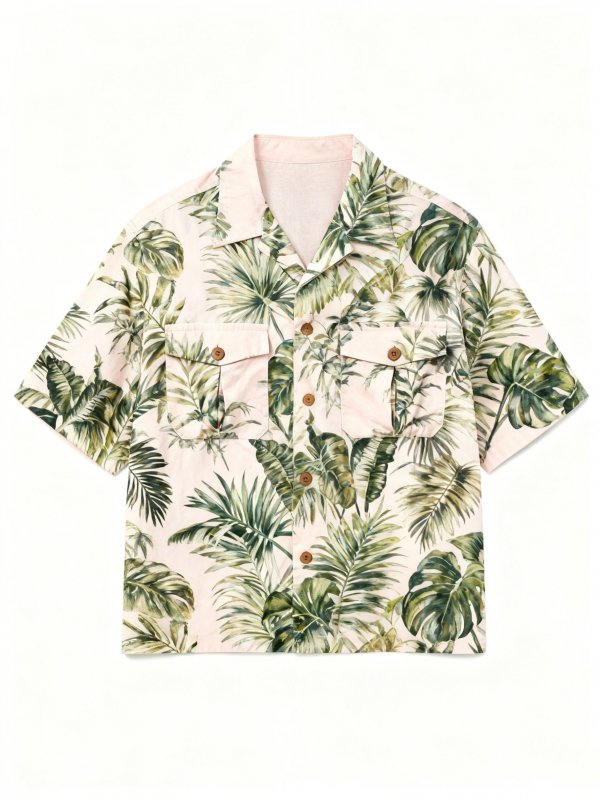 Men's Pink Short-Sleeve Shirt with Tropical Leaf Print