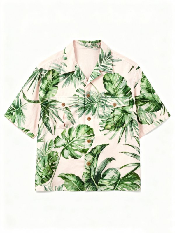 Men's Pink Short-Sleeve Shirt with Large Tropical Leaf Print