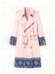 Women's Pink Trench Coat with Blue Bohemian Print Trim