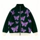 Women's Dark Green Knit Zip-Up Cardigan with Purple Butterfly All-Over Print