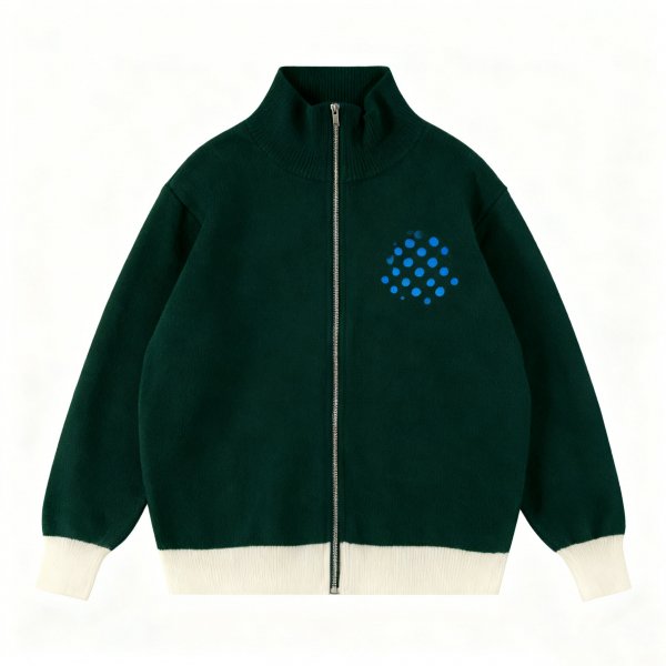 Women's Dark Green Knit Zip-Up Cardigan with Blue Polka Dot Print