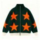 Women's Dark Green Knit Zip-Up Cardigan with Orange Star All-Over Print
