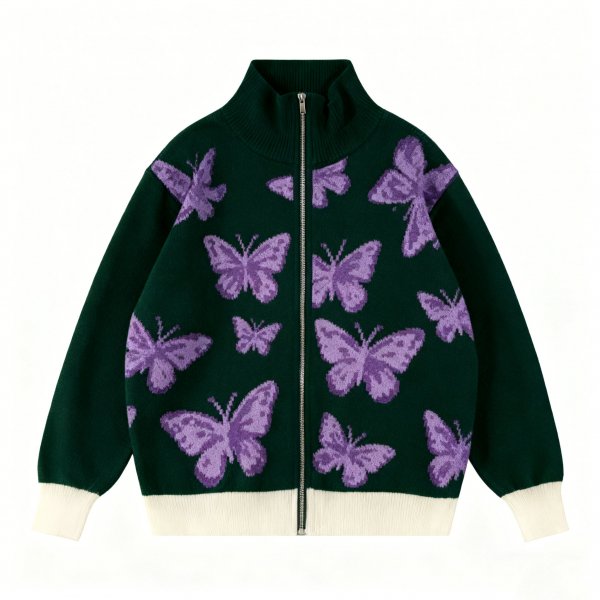 Women's Dark Green Knit Zip-Up Cardigan with Purple Butterfly All-Over Print